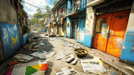 Naklejka premium A vibrant, cluttered street scene depicting urban life and decay.