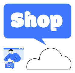 Fototapeta premium Large blue Shop text in speech bubble, man holding cashback sign on screen, and cloud icon. Ideal for e-commerce, retail, sales, online shopping, marketing promotions and advertisements. Line