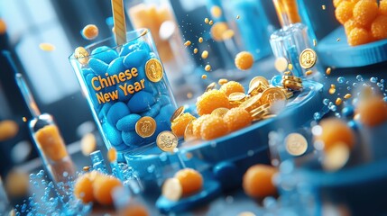 Chinese New Year written in playful, bubbly fonts with gold coins sprinkled around