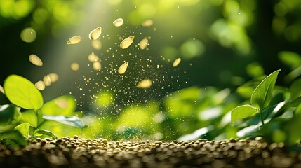 Scattering seeds outdoors amid lush greenery captures the essence of botanical life. This image emphasizes the process of seed scatter in a vibrant natural setting, with ample copy space.