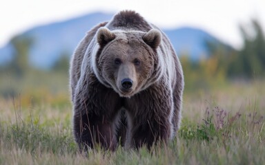 Fototapeta premium A grizzly bear walking through a grassy meadow, captured with a blurred background revealing majestic mountains and a sky with wispy cloud