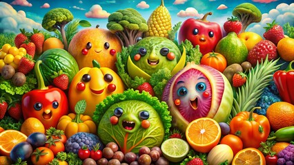 Fototapeta premium Whimsical Double Exposure: Cartoon Fruits & Vegetables Stock Photo