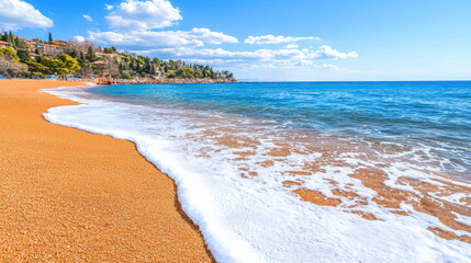 Fototapeta premium serene beach scene with golden sand, gentle waves, and clear blue skies