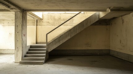 Fototapeta premium Empty internal staircase in a garage creates an intriguing focus. This photo emphasizes the staircases design and offers ample copy space for real estate purposes.