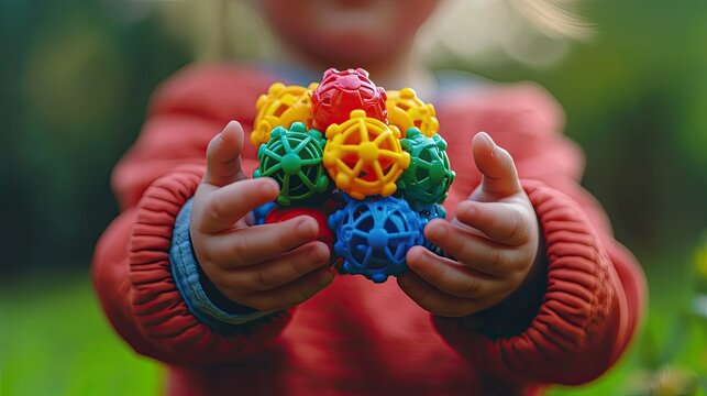 Happy toddler holding colorful plastic balls outdoors.
