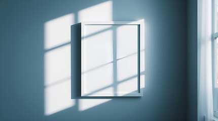 High-resolution stock photo A simple interior, a blank white frame on a wall illuminated by natural light. Contrasting chiaroscuro lighting, cool color