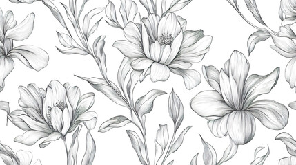 Obraz premium Hand-drawn botanical flower pattern, seamless and decorative line art. 