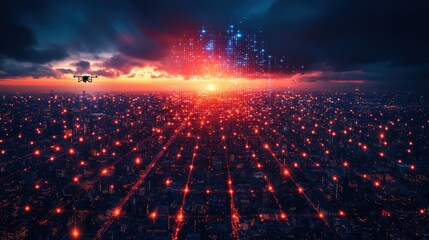 Drone delivering data over futuristic city at sunset.