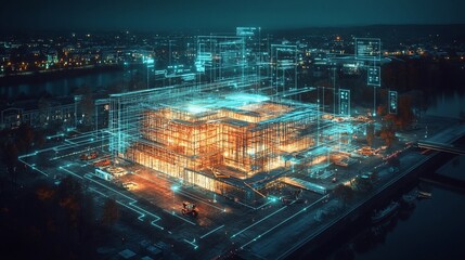 Fototapeta premium A futuristic construction site illuminated at night, showcasing digital overlays.