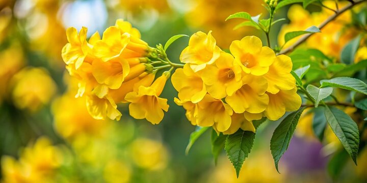 Yellow Elder Blooming in Garden - Minimalist Trumpet Flower Photography
