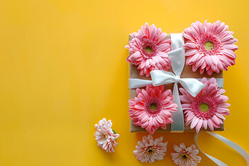 Vibrant Pink Gerbera Daisies on a Bright Yellow Background