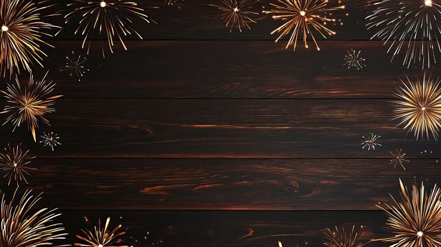 Dark wooden background with fireworks on both sides, celebration of New Year and festive events, central text space, banner or poster for New Year, suitable for advertising, social media, event flyers