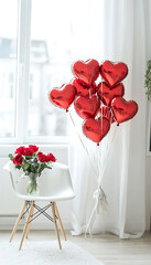 A modern minimalist room filled with heart-shaped red foil balloons, creating a romantic and festive atmosphere, perfect for celebrating love and special occasions.

