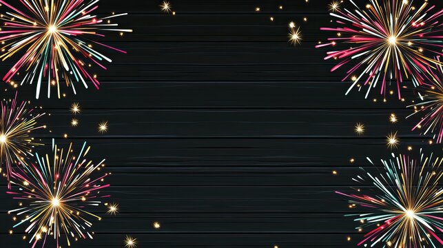 Dark wooden background with fireworks on both sides, celebration of New Year and festive events, central text space, banner or poster for New Year, suitable for advertising, social media, event flyers