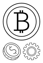 Bitcoin coin with B symbol, dollar coin, and gear icon. Ideal for financial tech, banking, cryptocurrency, investment, blockchain fintech digital economics. Line metaphor