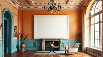 High-resolution stock photo an empty white frame in a graceful, elegant house interior, featuring warm terracotta and cool teal tones. 