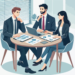 partners meeting for business discussion with documents and laptop on desk.couple at round table ,speaking ,discussing work,partnership.flat vector illustration isolated on a white background