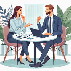 partners meeting for business discussion with documents and laptop on desk.couple at round table ,speaking ,discussing work,partnership.flat vector illustration isolated on a white background