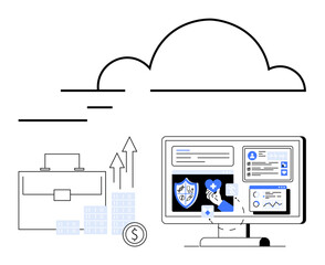 Cloud with data flow, computer screen with data analytics, briefcase and financial growth symbols. Ideal for finance, cloud computing, data analytics, business strategy, technology, digital