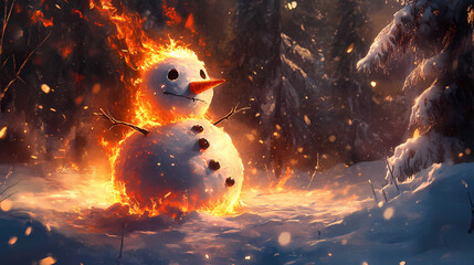 Frosty's fiery adventure: a snowman's infernal meltdown, ai generative. Frostfire. Illustration