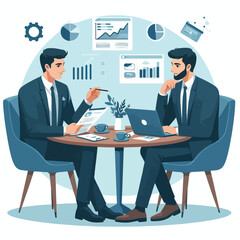 partners meeting for business discussion with documents and laptop on desk.couple at round table ,speaking ,discussing work,partnership.flat vector illustration isolated on a white background