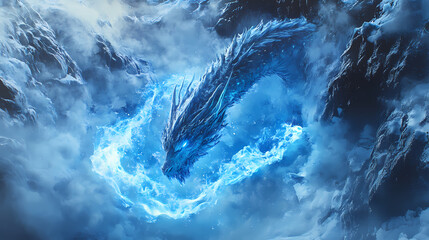 Majestic frostfire dragon breathing blue flames surrounded by ice and snow, digital art of fantasy creature concept. Frostfire. Illustration
