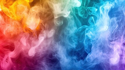 Vibrant neon puff smoke creates a multicolor, bright, and colorful mist, enhancing this abstract background texture with dynamic fog and steam for versatile use.