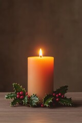 radiant image of catholic christmas candle centerpiece surrounded by holly and berries set on wooden table in cozy