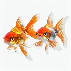 Fototapeta premium Two vibrant goldfish swimming gracefully against a white background, ideal for pet care themes, Chinese New Year celebrations, and serene beauty products.