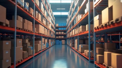  A warehouse with shelves full of boxes, symbolizing the stock house in an e-commerce marketing video animation.