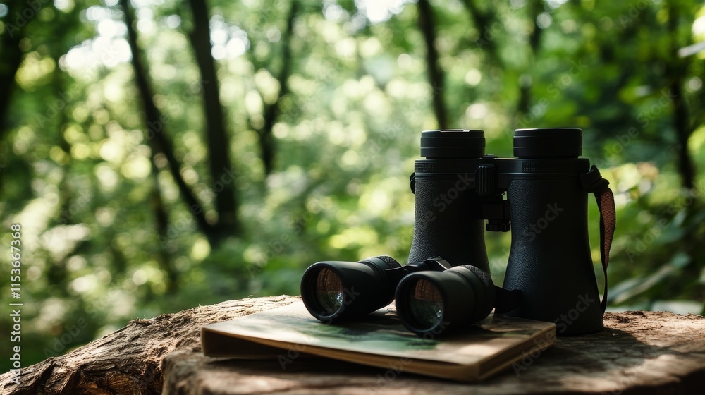 Poster a tranquil birdwatching spot in a dense forest, binoculars and bird guides neatly placed, minimalist