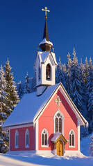 Fototapeta premium charming pink church surrounded by snow covered trees, showcasing winter beauty. clear blue sky enhances serene atmosphere