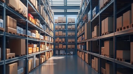 Obraz premium A warehouse with shelves full of boxes, symbolizing the stock house in an e-commerce marketing video animation.