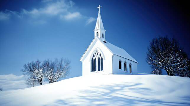 serene snow covered church under clear blue sky, surrounded by trees