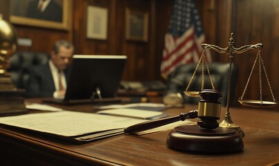 A gavel and scales of justice in a law office setting with a figure working.