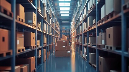 Fototapeta premium A warehouse with shelves full of boxes, symbolizing the stock house in an e-commerce marketing video animation.