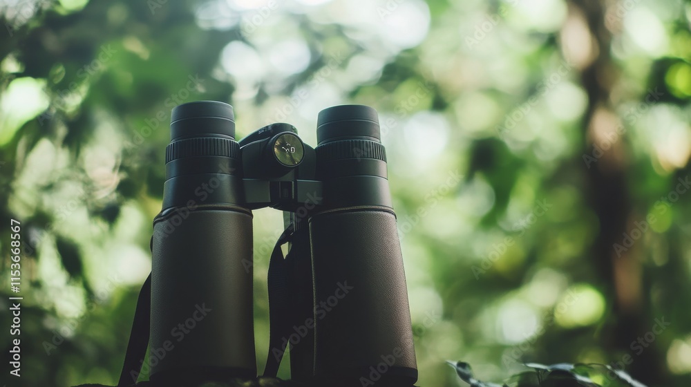 Poster a tranquil birdwatching spot in a dense forest, binoculars and bird guides neatly placed, minimalist