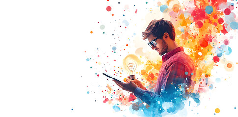 Businessman Holding Tablet with Creative Lightbulb and Doodle Infographic Elements