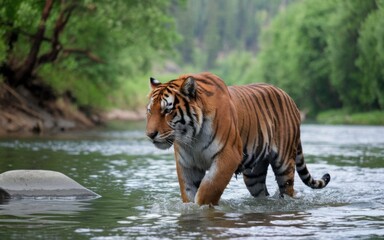 An Amur tiger walking through shallow water in a green forest, with wet fur and a few scratches, surrounded by trees and river droplets