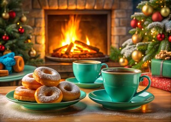 Fototapeta premium Christmas donuts, teal tea, and a panoramic fireplace.