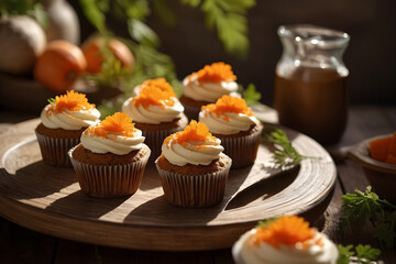Delicious carrot with carrot decorations cupcakes on a rustic table.