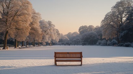 Frosty park bench in winter sunrise.