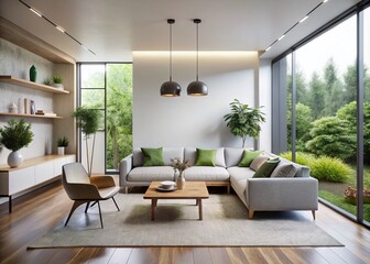 Fototapeta premium Clean white walls, sleek sofa, minimalist drone interior.