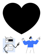Large black heart cartoon robot pointing, and a human character gesturing. Ideal for themes of technology, connection, emotion, AI, future, humanity, relationships. Line metaphor