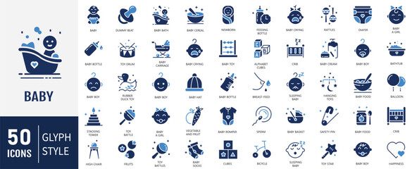 Baby Icons set. Child, baby boys, family, human age, diaper, child sleeping, child care and more. Vector Illustration