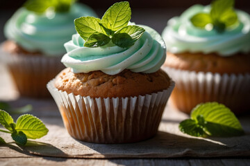 Fresh mint cupcakes with mint leaves on a rustic table.