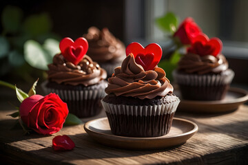 Chocolate cupcakes with red hearts on a rustic table.