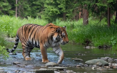Fototapeta premium An Amur tiger walking through shallow water in a green forest, with wet fur and a few scratches, surrounded by trees and river droplets
