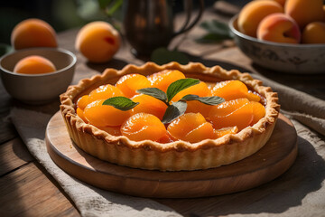 Delicious creamy apricot tart on a rustic table.