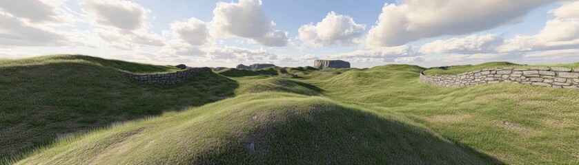 Obraz premium A serene landscape with rolling hills and stone structures under a cloudy sky.